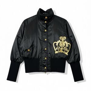 Baby Phat Black Satin Bomber Jacket 2X Vintage Gold Logo Rhinestones Y2K Plus SZ